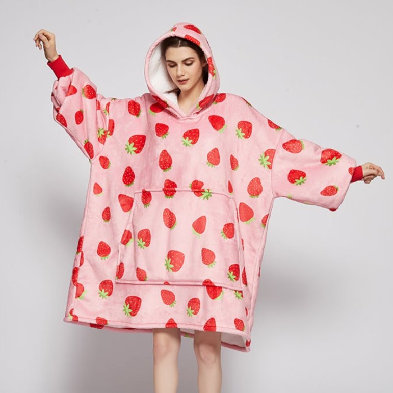 Pink Strawberries Oversized Thick Blanket Hoodie for Adult & Children - Kawaiies - Adorable - Cute - Plushies - Plush - Kawaii