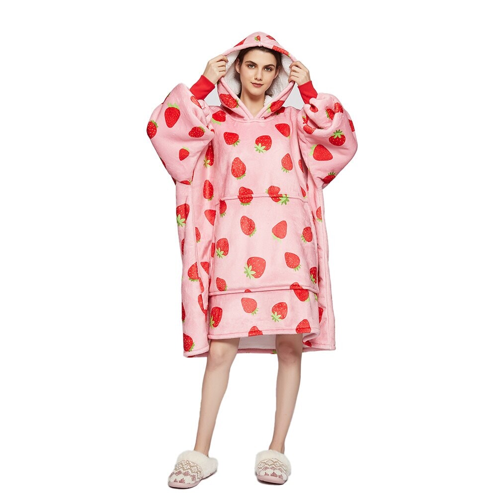 Pink Strawberries Oversized Thick Blanket Hoodie for Adult & Children - Kawaiies - Adorable - Cute - Plushies - Plush - Kawaii