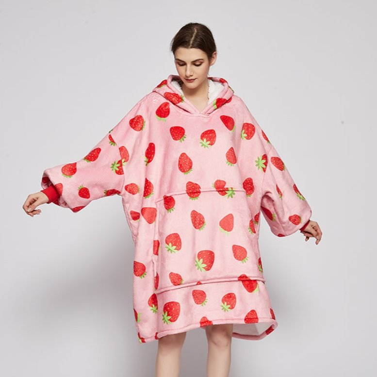 Pink Strawberries Oversized Thick Blanket Hoodie for Adult & Children - Kawaiies - Adorable - Cute - Plushies - Plush - Kawaii