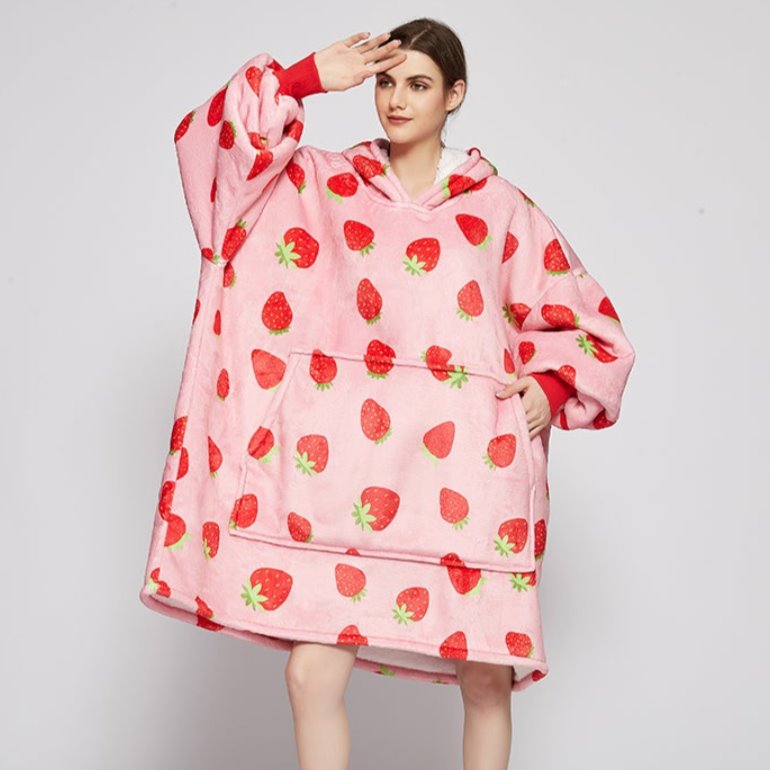 Pink Strawberries Oversized Thick Blanket Hoodie for Adult & Children - Kawaiies - Adorable - Cute - Plushies - Plush - Kawaii