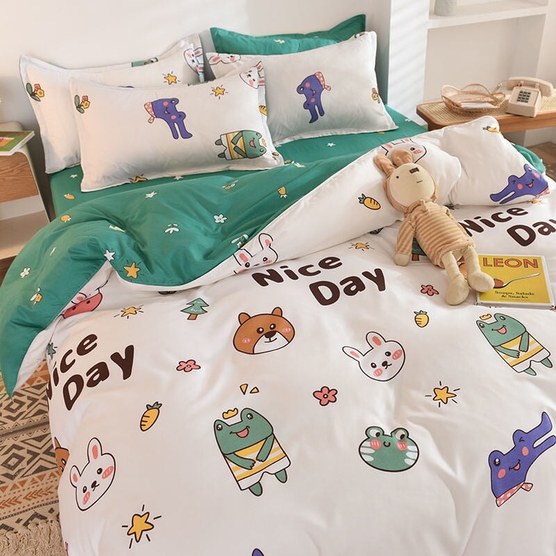 kawaiies-softtoys-plushies-kawaii-plush-Pink Striped Bunny & Fun Animal Polyester Bedding Set | NEW Bedding Sets Animals Full 