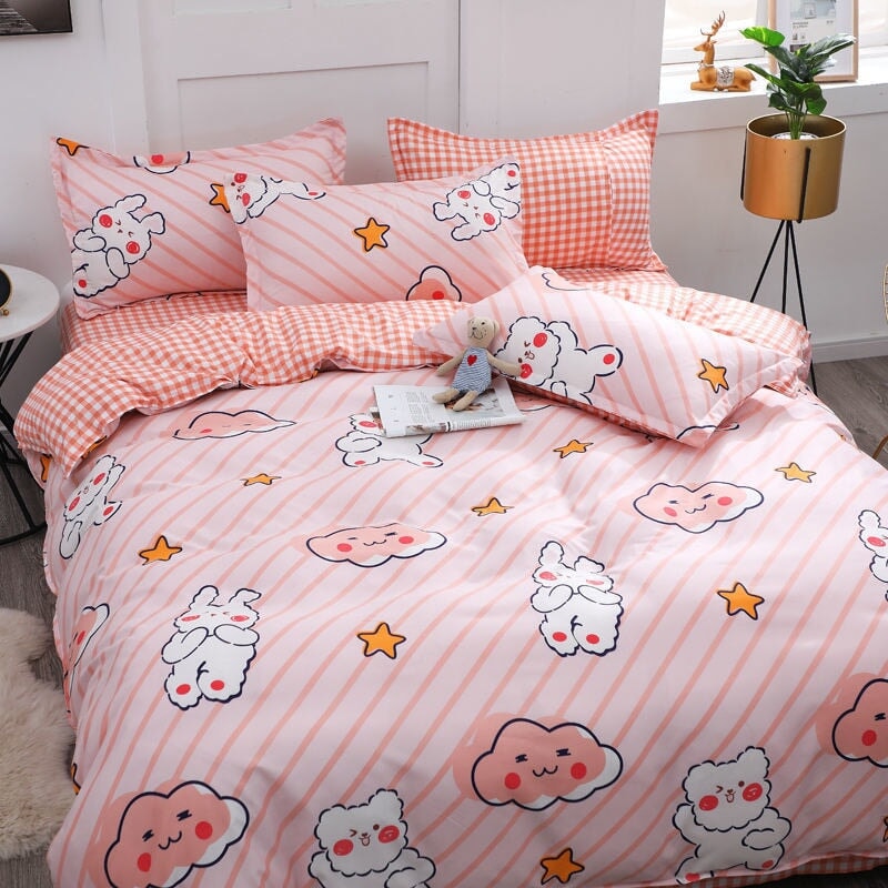 kawaiies-softtoys-plushies-kawaii-plush-Pink Striped Bunny & Fun Animal Polyester Bedding Set | NEW Bedding Sets Bunny Full 
