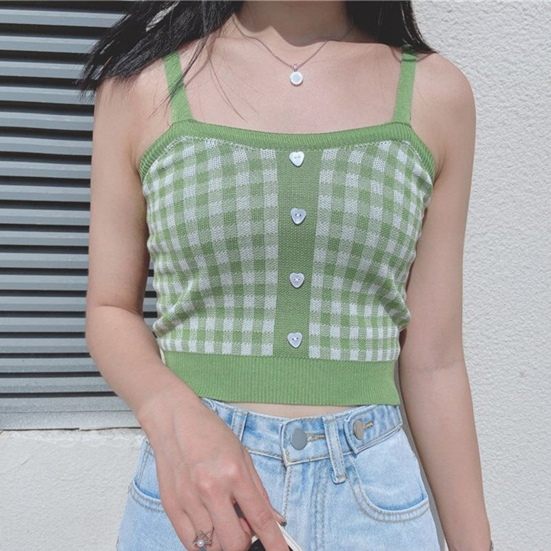 kawaiies-softtoys-plushies-kawaii-plush-Plaid Checker Heart Button Knitted Women's Crop Top Sweater | NEW Apparel 