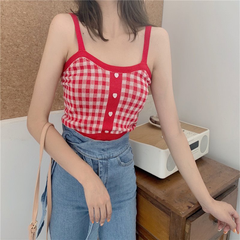 kawaiies-softtoys-plushies-kawaii-plush-Plaid Checker Heart Button Knitted Women's Crop Top Sweater | NEW Apparel 