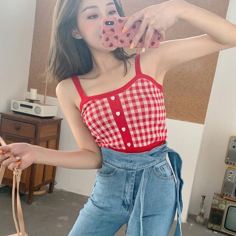 kawaiies-softtoys-plushies-kawaii-plush-Plaid Checker Heart Button Knitted Women's Crop Top Sweater | NEW Apparel 