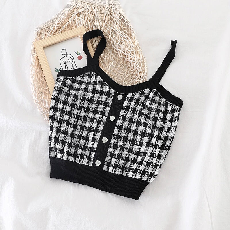 kawaiies-softtoys-plushies-kawaii-plush-Plaid Checker Heart Button Knitted Women's Crop Top Sweater | NEW Apparel 