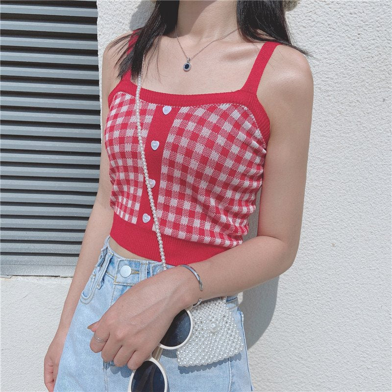 kawaiies-softtoys-plushies-kawaii-plush-Plaid Checker Heart Button Knitted Women's Crop Top Sweater | NEW Apparel 