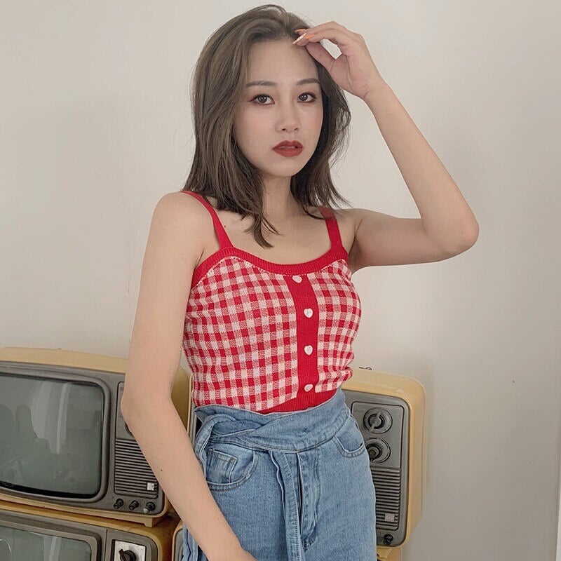 kawaiies-softtoys-plushies-kawaii-plush-Plaid Checker Heart Button Knitted Women's Crop Top Sweater | NEW Apparel 