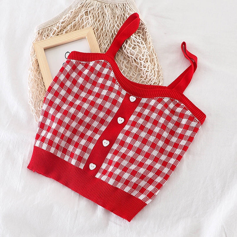 kawaiies-softtoys-plushies-kawaii-plush-Plaid Checker Heart Button Knitted Women's Crop Top Sweater | NEW Apparel 