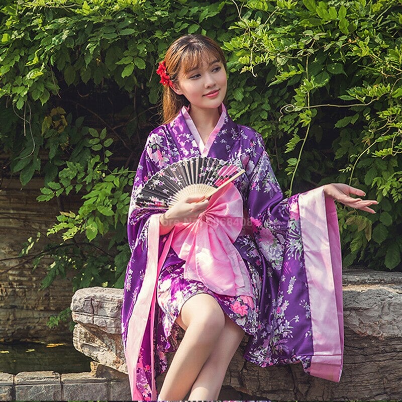 Purple Japanese Kimono Floral Pattern Short Robe - Kawaiies - Adorable - Cute - Plushies - Plush - Kawaii