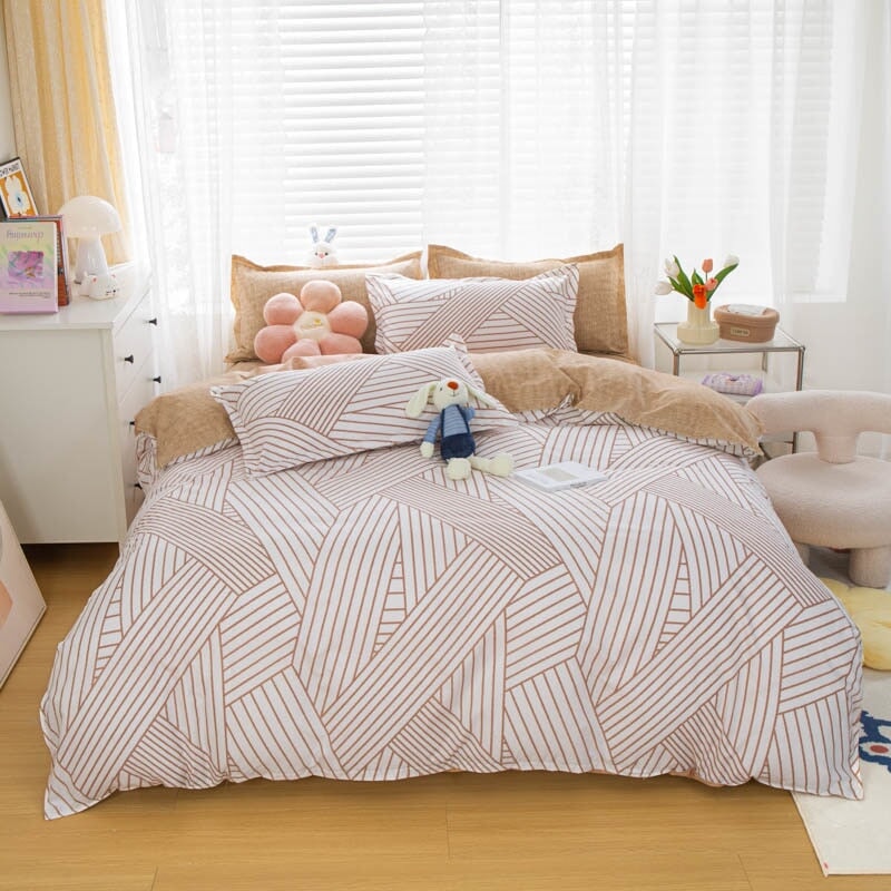 kawaiies-softtoys-plushies-kawaii-plush-Rainbow & Neutral Striped Bedding Set Home Decor Bronwn Single 