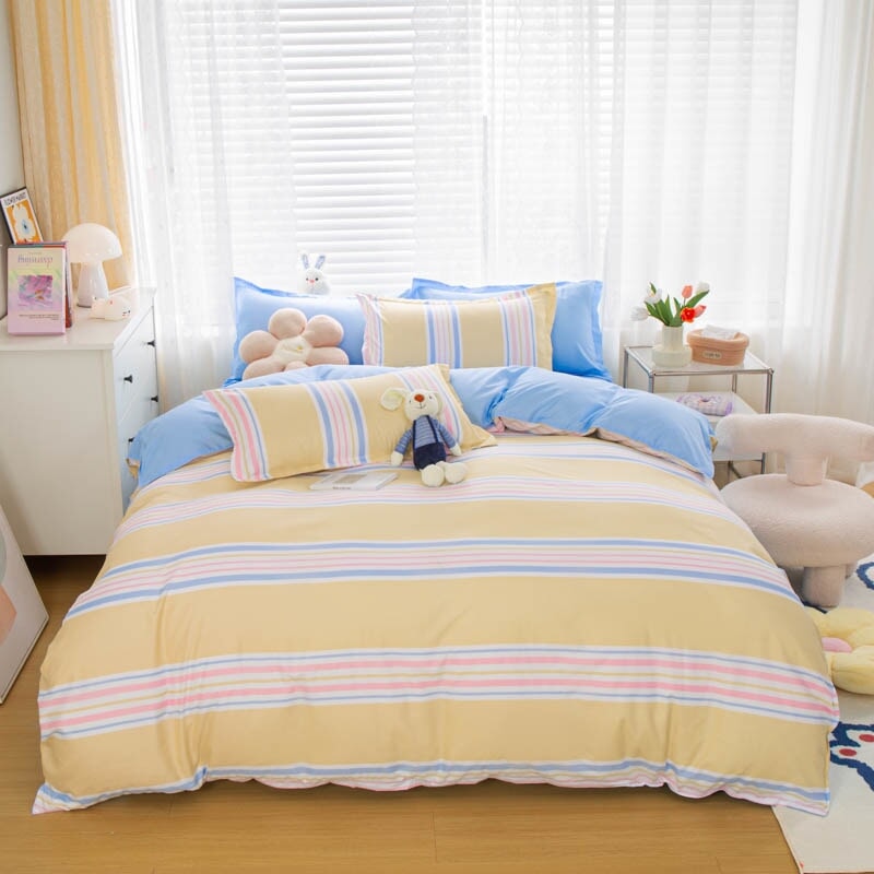 kawaiies-softtoys-plushies-kawaii-plush-Rainbow & Neutral Striped Bedding Set Home Decor Yellow Single 