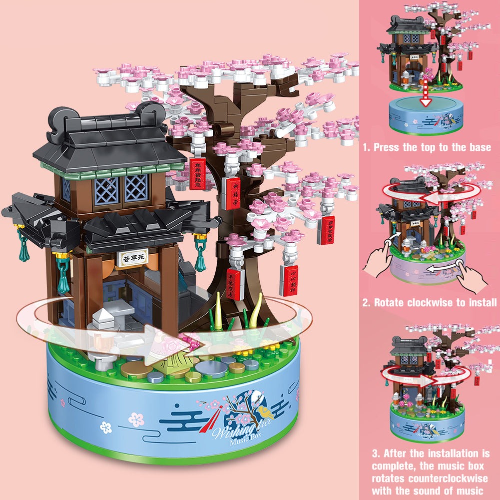 Sakura Cherry Blossom Tree Temple Rotating Music Box Building Set - Kawaiies - Adorable - Cute - Plushies - Plush - Kawaii