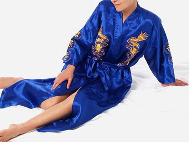 70’s Black Silk Kimono With Embroidered Dragon by Golden Dragon