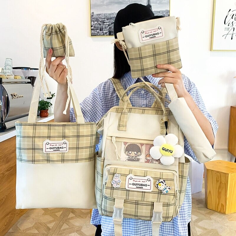 kawaiies-softtoys-plushies-kawaii-plush-Set of 5 Kawaii Plaid Backpack Bag Collection Bag 
