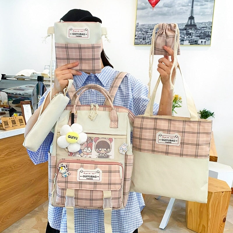 kawaiies-softtoys-plushies-kawaii-plush-Set of 5 Kawaii Plaid Backpack Bag Collection Bag 