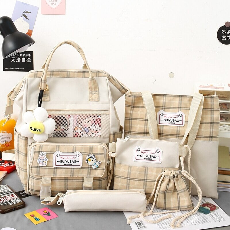 kawaiies-softtoys-plushies-kawaii-plush-Set of 5 Kawaii Plaid Backpack Bag Collection Bag Cream 