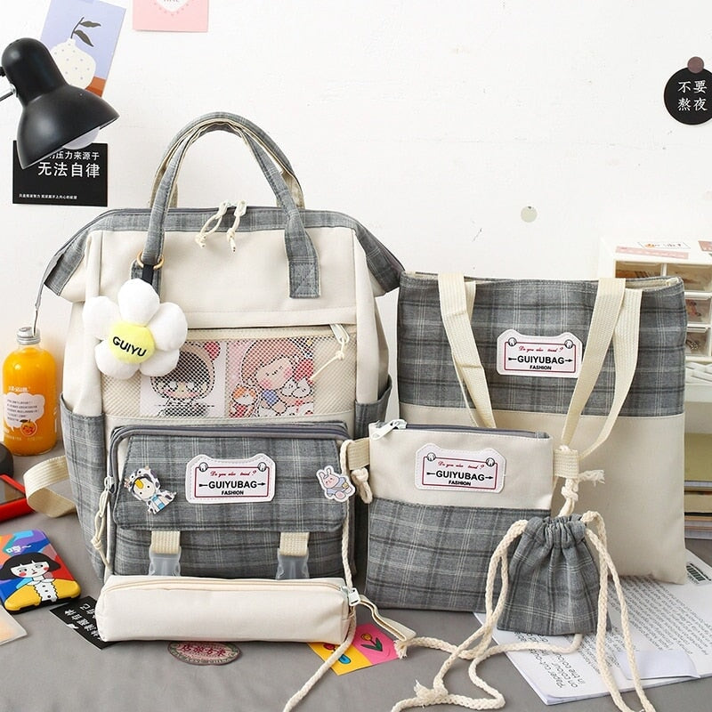 kawaiies-softtoys-plushies-kawaii-plush-Set of 5 Kawaii Plaid Backpack Bag Collection Bag Gray 