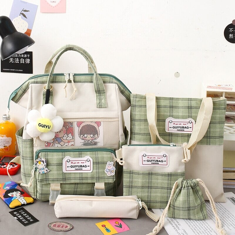 kawaiies-softtoys-plushies-kawaii-plush-Set of 5 Kawaii Plaid Backpack Bag Collection Bag Green 