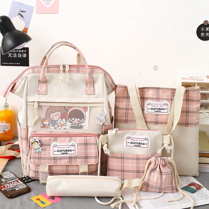 kawaiies-softtoys-plushies-kawaii-plush-Set of 5 Kawaii Plaid Backpack Bag Collection Bag Pink 