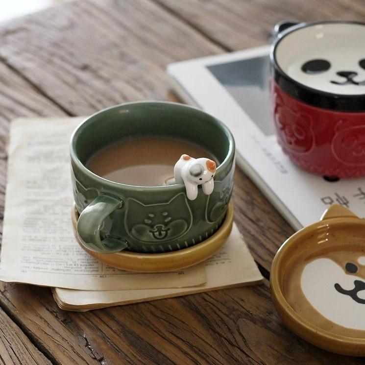 Shiba and Panda Mug with Coaster - Kawaiies - Adorable - Cute - Plushies - Plush - Kawaii