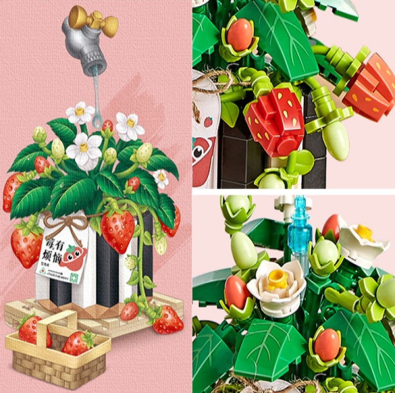 Strawberry Pot & Red Flower Micro Building Blocks - Kawaiies - Adorable - Cute - Plushies - Plush - Kawaii