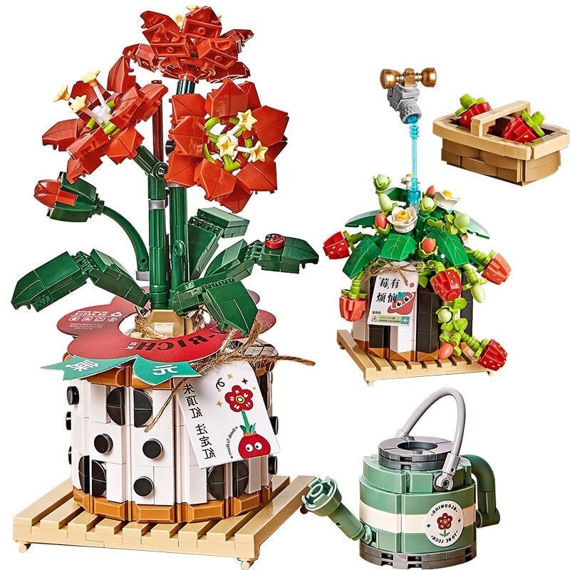 Strawberry Pot & Red Flower Micro Building Blocks - Kawaiies - Adorable - Cute - Plushies - Plush - Kawaii