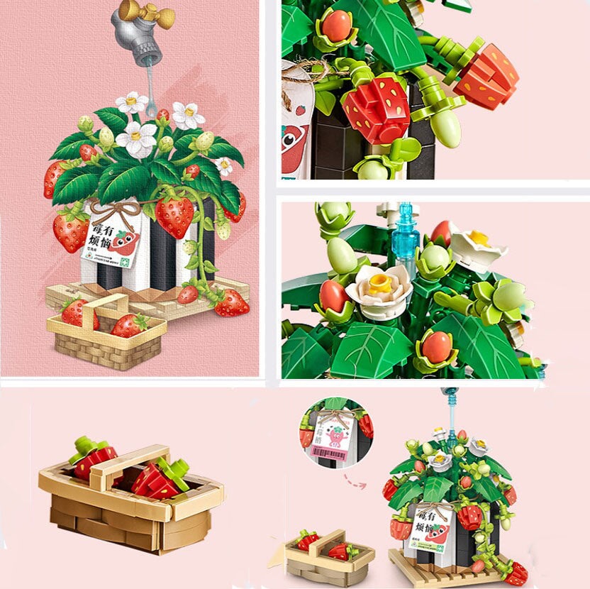 Strawberry Pot & Red Flower Micro Building Blocks - Kawaiies - Adorable - Cute - Plushies - Plush - Kawaii