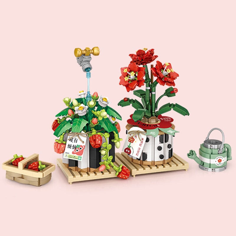 Strawberry Pot & Red Flower Micro Building Blocks - Kawaiies - Adorable - Cute - Plushies - Plush - Kawaii