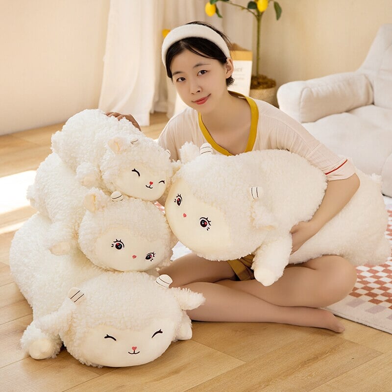 Sweet Fluffy Laying Lamb Snuggle Buddies - Kawaiies - Adorable - Cute - Plushies - Plush - Kawaii