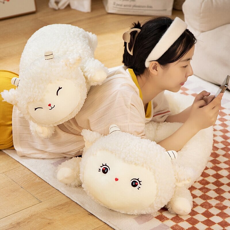 Sweet Fluffy Laying Lamb Snuggle Buddies - Kawaiies - Adorable - Cute - Plushies - Plush - Kawaii