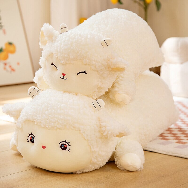 Sweet Fluffy Laying Lamb Snuggle Buddies - Kawaiies - Adorable - Cute - Plushies - Plush - Kawaii