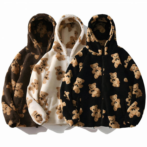 Bear Fluffy Two-Tone Hooded Jacket – Kawaiies