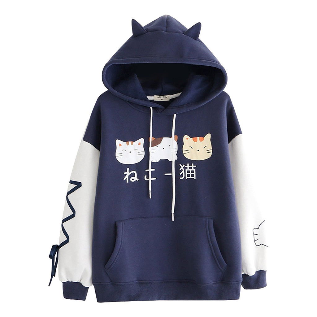Three Kawaii Cats Long Sleeve Two-Tone Cotton Hoodie - Kawaiies - Adorable - Cute - Plushies - Plush - Kawaii