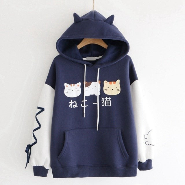 Three Kawaii Cats Long Sleeve Two-Tone Cotton Hoodie - Kawaiies - Adorable - Cute - Plushies - Plush - Kawaii