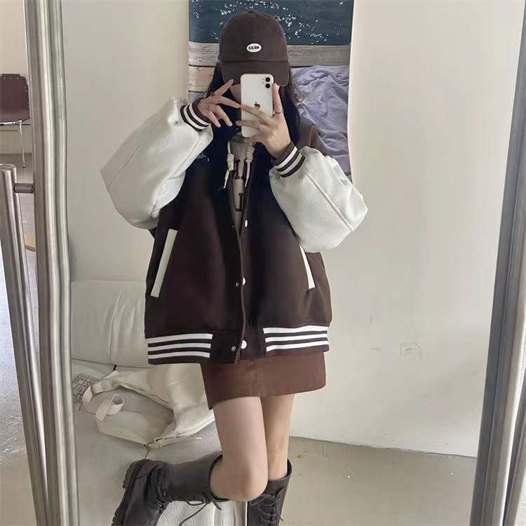 'Unspecified' Six Patch Striped Burgundy Brown Women's Varsity Jacket - Kawaiies - Adorable - Cute - Plushies - Plush - Kawaii