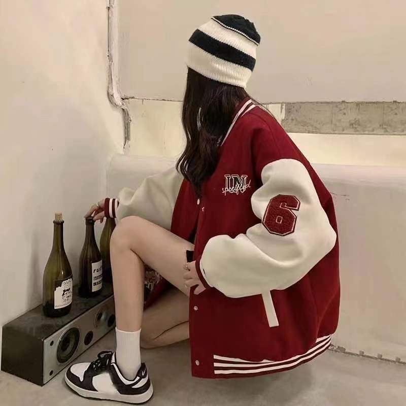 'Unspecified' Six Patch Striped Burgundy Brown Women's Varsity Jacket - Kawaiies - Adorable - Cute - Plushies - Plush - Kawaii