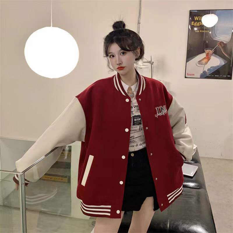 'Unspecified' Six Patch Striped Burgundy Brown Women's Varsity Jacket - Kawaiies - Adorable - Cute - Plushies - Plush - Kawaii