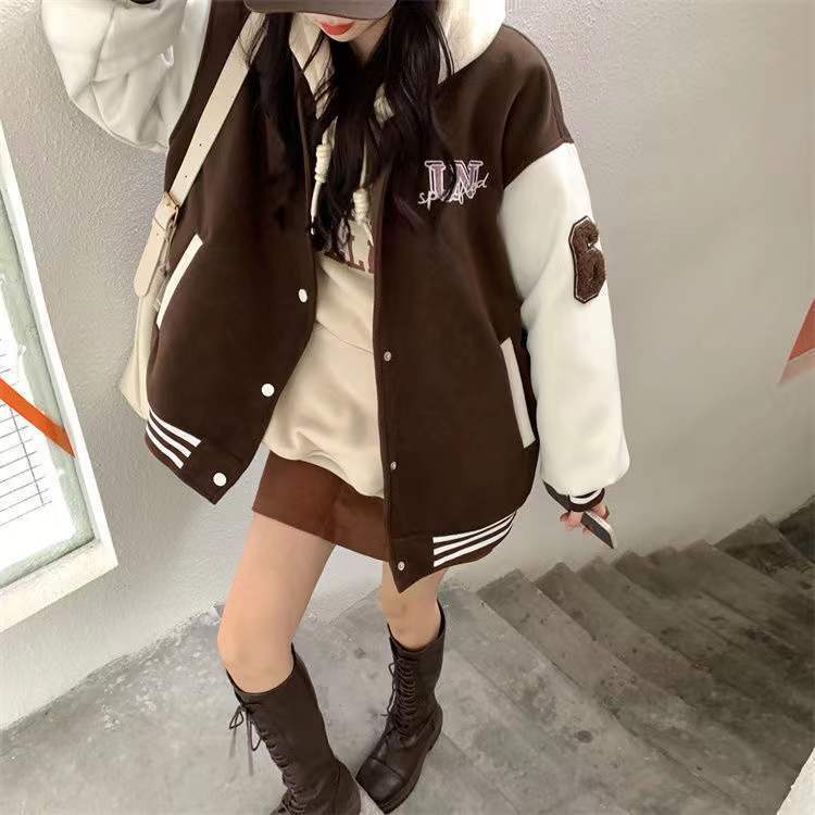 'Unspecified' Six Patch Striped Burgundy Brown Women's Varsity Jacket - Kawaiies - Adorable - Cute - Plushies - Plush - Kawaii