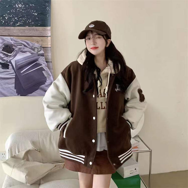 brown varsity jacket outfit girl