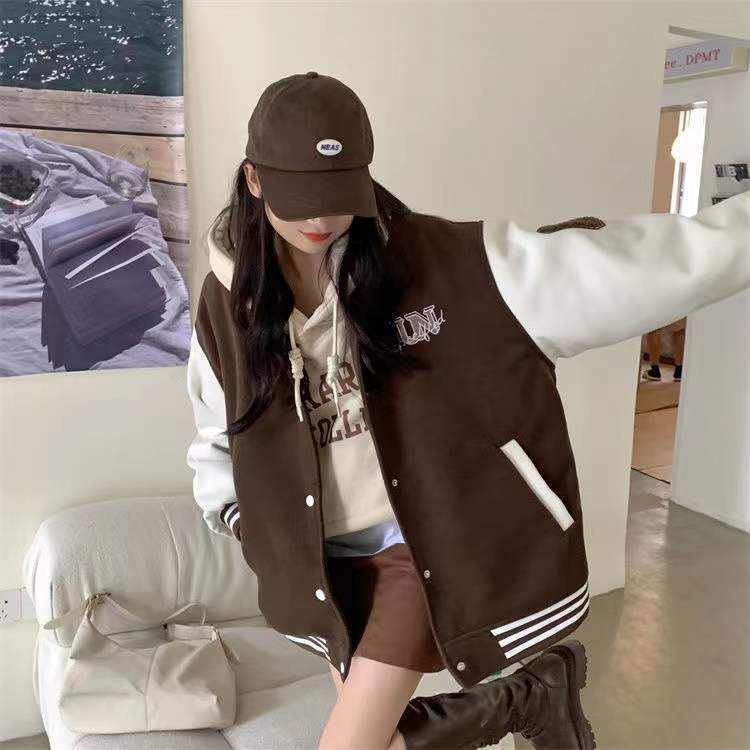 'Unspecified' Six Patch Striped Burgundy Brown Women's Varsity Jacket - Kawaiies - Adorable - Cute - Plushies - Plush - Kawaii