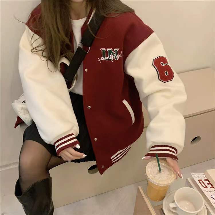 'Unspecified' Six Patch Striped Burgundy Brown Women's Varsity Jacket - Kawaiies - Adorable - Cute - Plushies - Plush - Kawaii