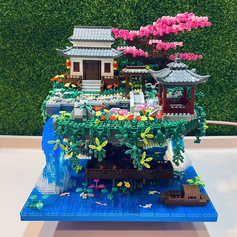 Waterfall Japanese House Sakura Tree Floating Island Nano Building Blocks | Limited Stock - Kawaiies - Adorable - Cute - Plushies - Plush - Kawaii