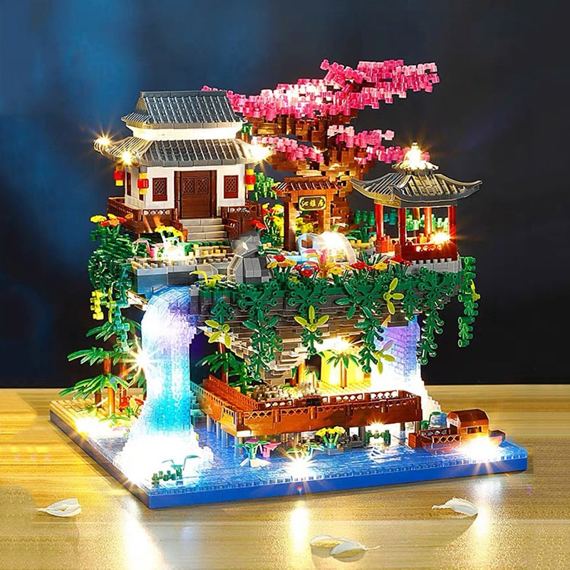 Waterfall Japanese House Sakura Tree Floating Island Nano Building Blocks | Limited Stock - Kawaiies - Adorable - Cute - Plushies - Plush - Kawaii