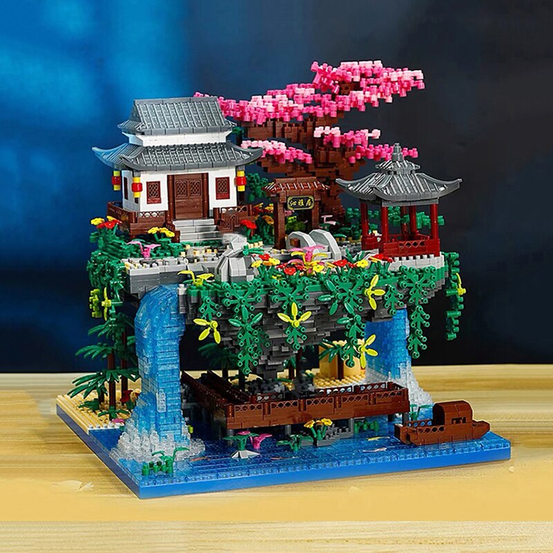 Waterfall Japanese House Sakura Tree Floating Island Nano Building Blocks | Limited Stock - Kawaiies - Adorable - Cute - Plushies - Plush - Kawaii
