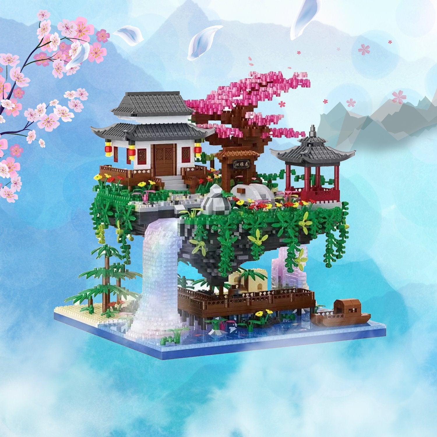 Waterfall Japanese House Sakura Tree Floating Island Nano Building Blocks | Limited Stock - Kawaiies - Adorable - Cute - Plushies - Plush - Kawaii