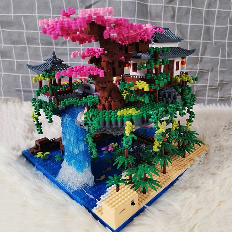 Waterfall Japanese House Sakura Tree Floating Island Nano Building Blocks | Limited Stock - Kawaiies - Adorable - Cute - Plushies - Plush - Kawaii