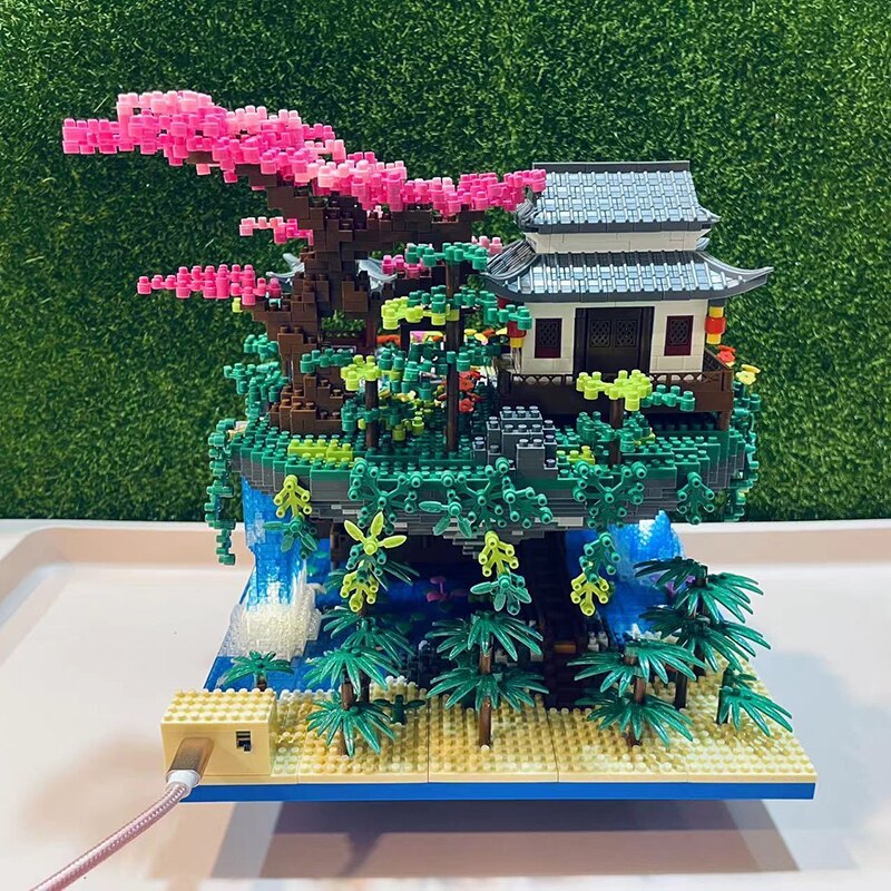 Waterfall Japanese House Sakura Tree Floating Island Nano Building Blocks | Limited Stock - Kawaiies - Adorable - Cute - Plushies - Plush - Kawaii