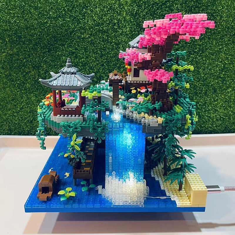 Waterfall Japanese House Sakura Tree Floating Island Nano Building Blocks | Limited Stock - Kawaiies - Adorable - Cute - Plushies - Plush - Kawaii