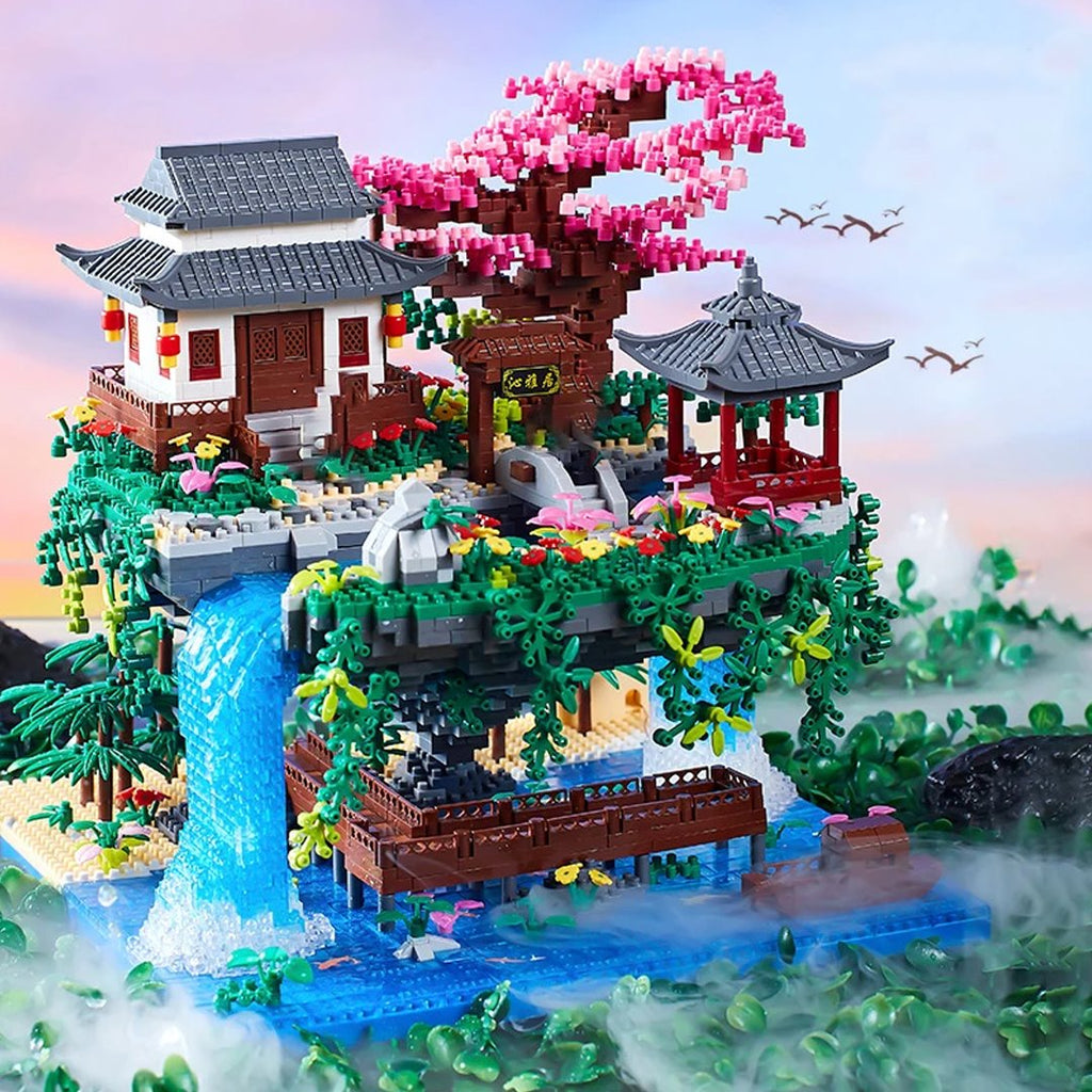 Waterfall Japanese House Sakura Tree Floating Island Nano Building Blocks | Limited Stock - Kawaiies - Adorable - Cute - Plushies - Plush - Kawaii